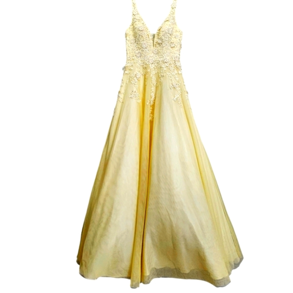 XSCAPE Pastel Yellow Lace Textured Silk Floral Tulle Evening Gown